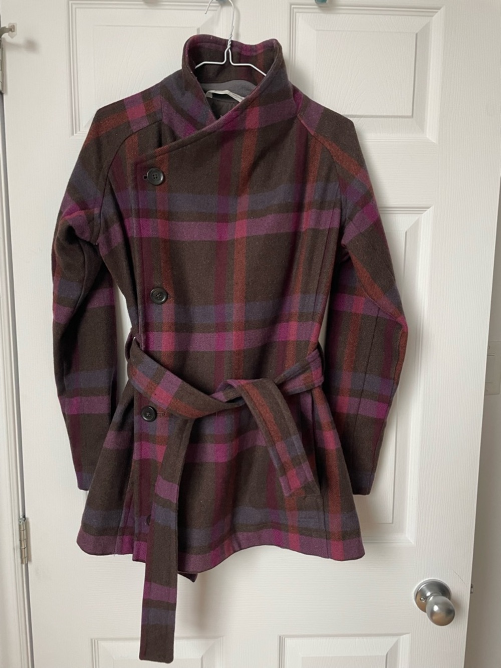Woolrich Plaid Wool-Blend Coat in Brown and Plum